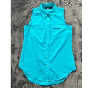 Apt. 9 Sleeveless Button Down Shirt Womens XS Turquoise Blue Pocketed High-Low